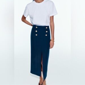 NWT ZaraNavy Midi Skirt with Gold Buttons